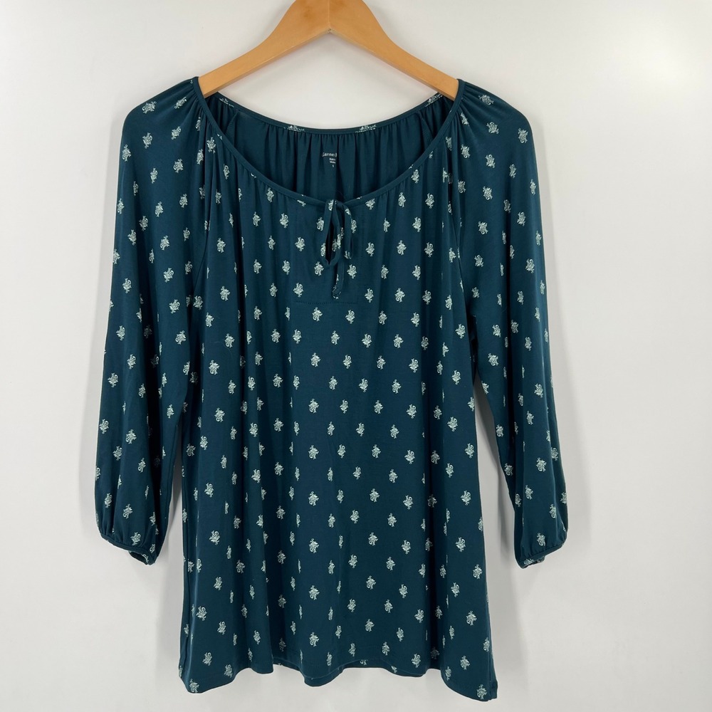 Garnet Hill Women Small Teal Blue Tencel Soft Peasant Top Blouse Floral Boho